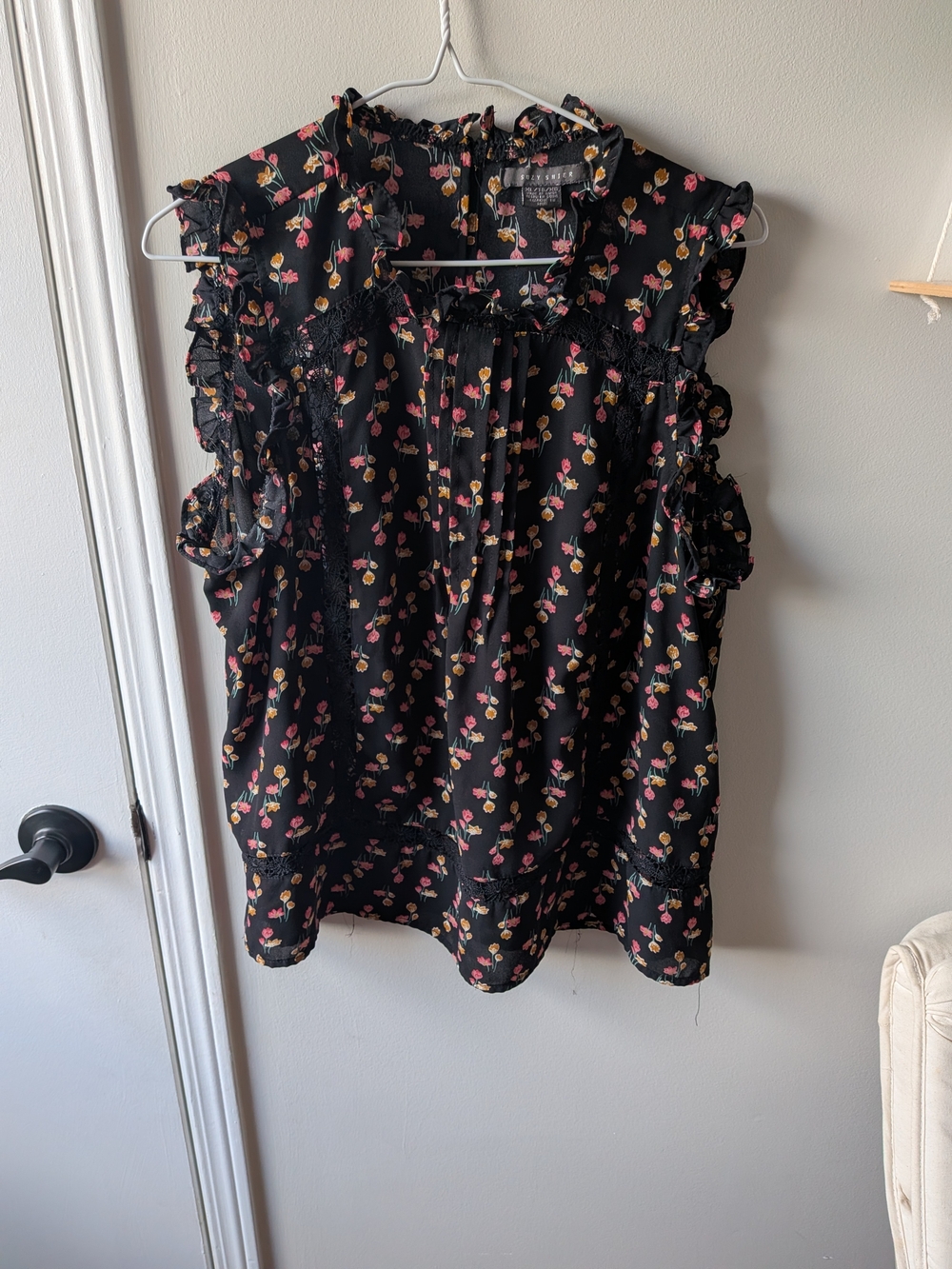 Suzy Shier Black Floral Ruffle Sleeveless Top with Pink & Yellow Accents